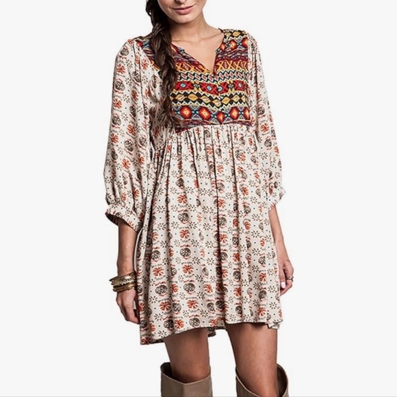 Umgee Dresses & Skirts - Umgee Cream and Multicolor Embroidered Mini Dress